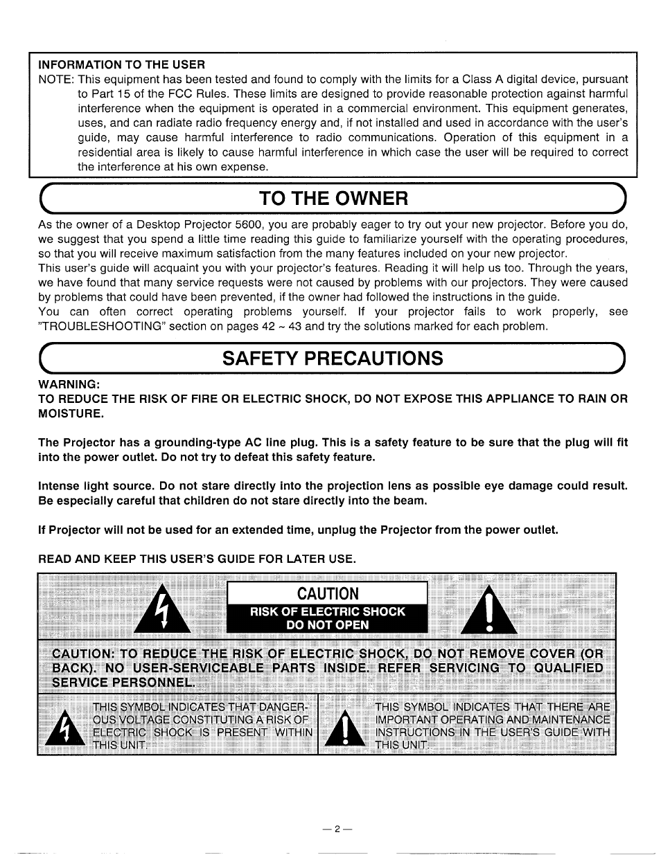 Caution, Safety precautions | Ask Proxima DP5600 User Manual | Page 2 / 45