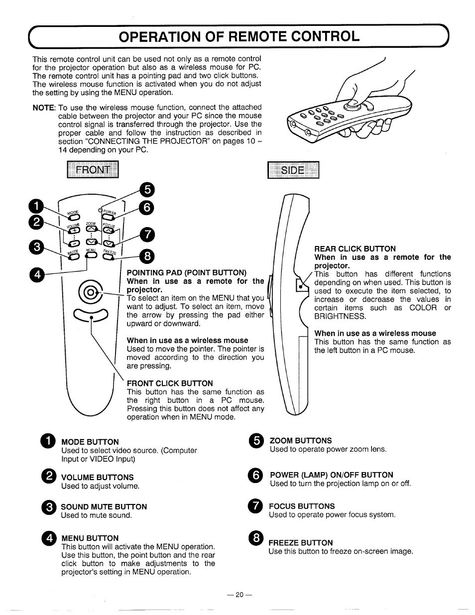 When in use as a wireless mouse, Front click button, Mode button | Volume buttons, Sound mute button, Menu button, Rear click button, Zoom buttons, A power (lamp) on/off button, A focus buttons | Ask Proxima DP5600 User Manual | Page 20 / 45