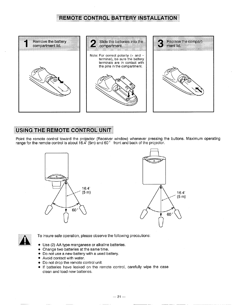 Remote control battery installation, Using the remote control unit | Ask Proxima DP5600 User Manual | Page 21 / 45