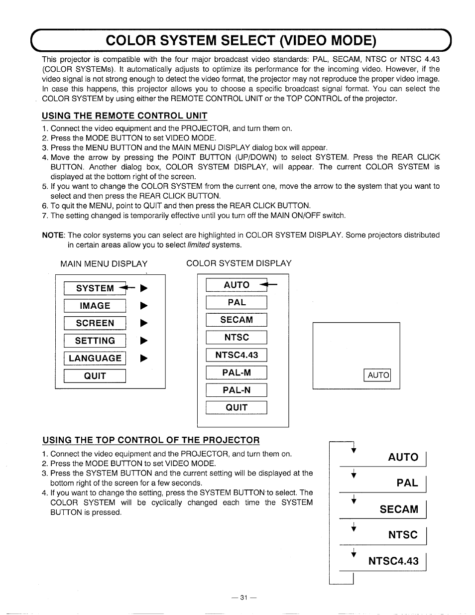 Color system select (video mode) | Ask Proxima DP5600 User Manual | Page 31 / 45