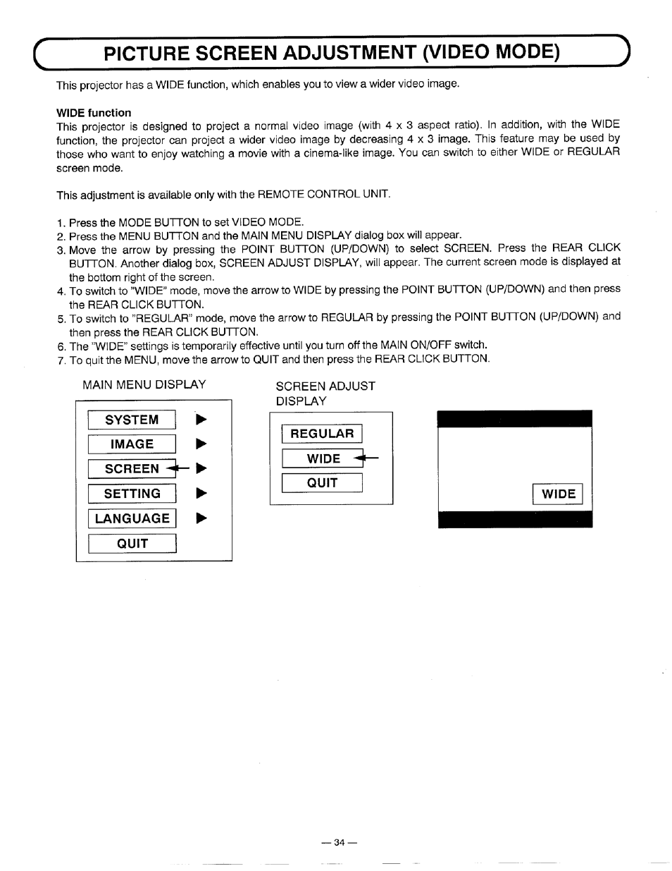 Wide function, Picture screen adjustment (video mode) | Ask Proxima DP5600 User Manual | Page 34 / 45