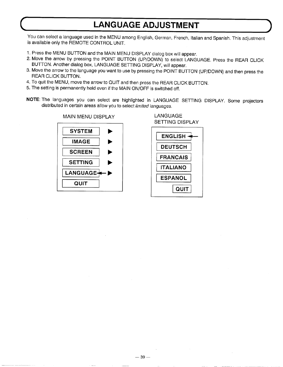 Language adjustment | Ask Proxima DP5600 User Manual | Page 39 / 45