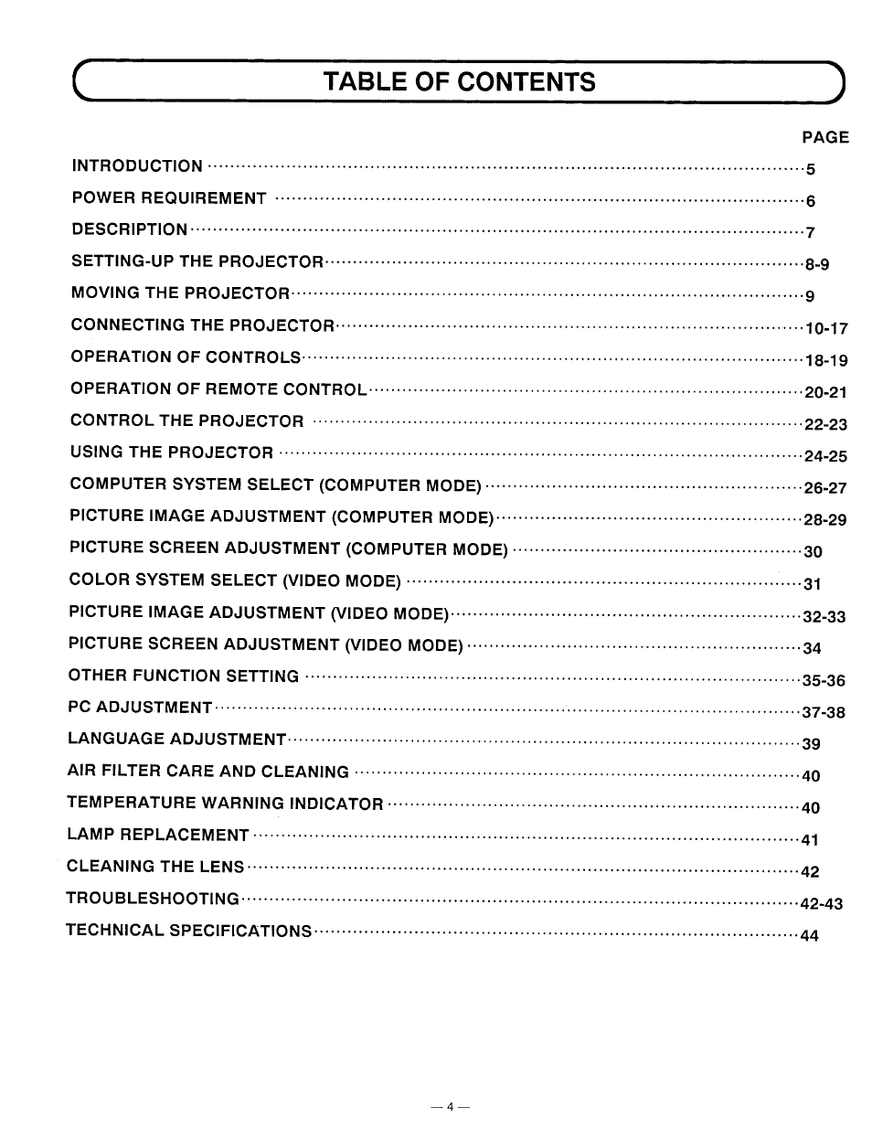 Ctable of contents ) | Ask Proxima DP5600 User Manual | Page 4 / 45