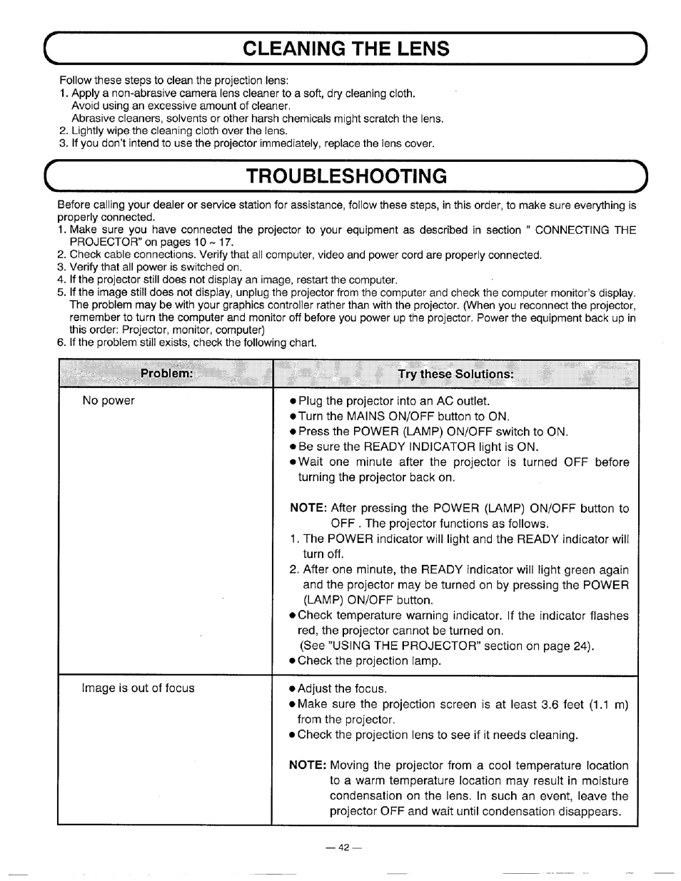 Cleaning the lens, Troubleshooting | Ask Proxima DP5600 User Manual | Page 42 / 45