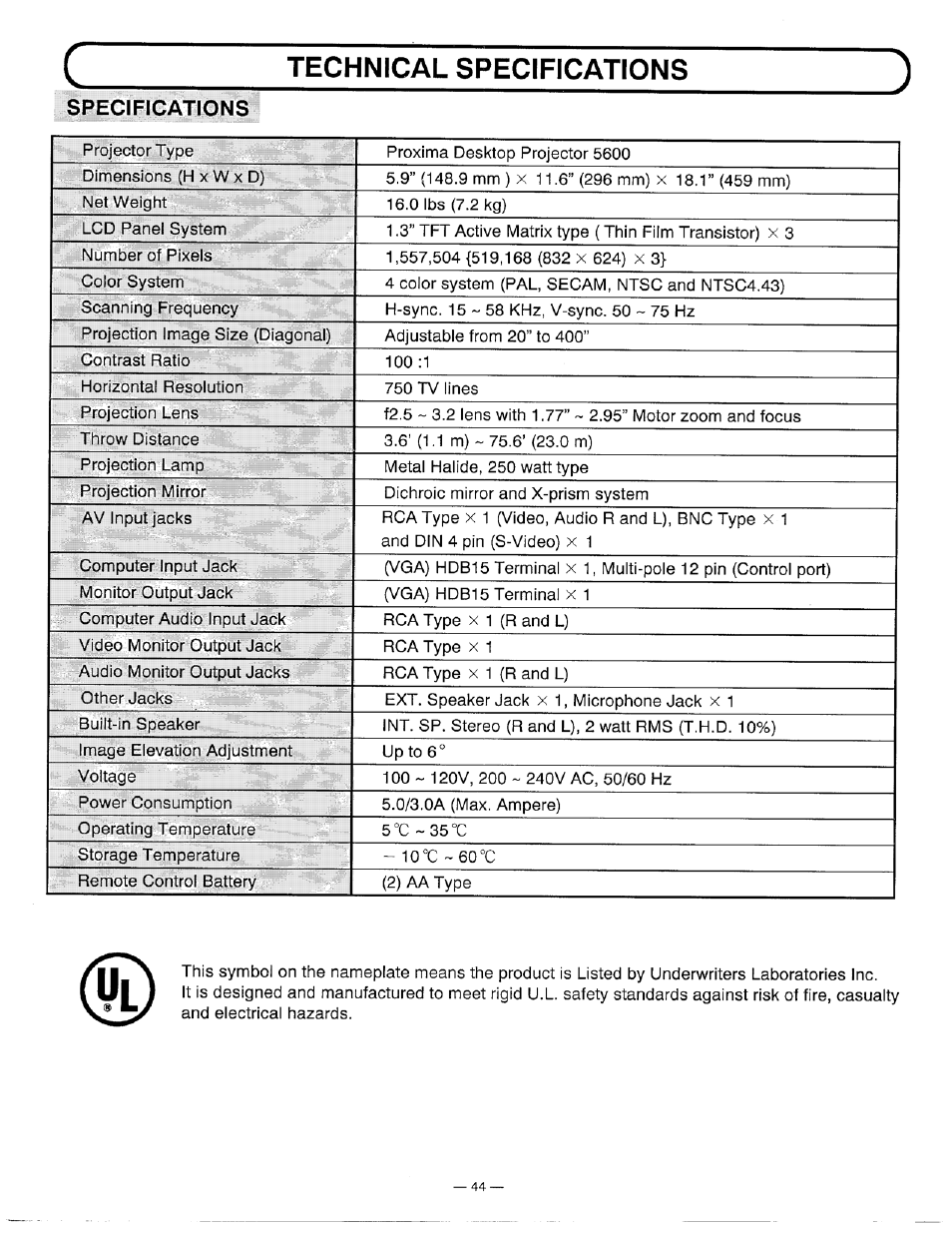 Specifications, Technical specifications | Ask Proxima DP5600 User Manual | Page 44 / 45