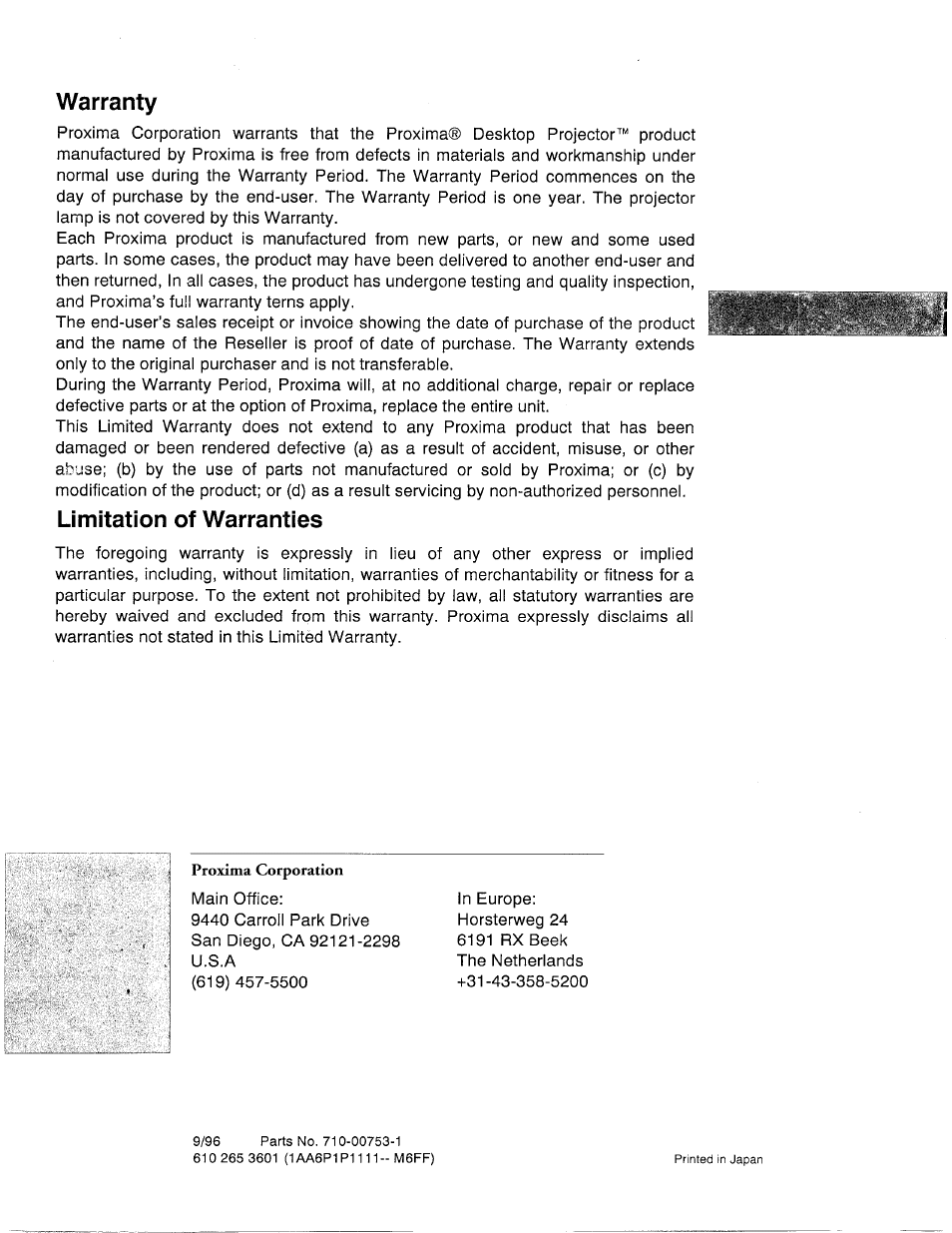 Warranty, Limitation of warranties | Ask Proxima DP5600 User Manual | Page 45 / 45
