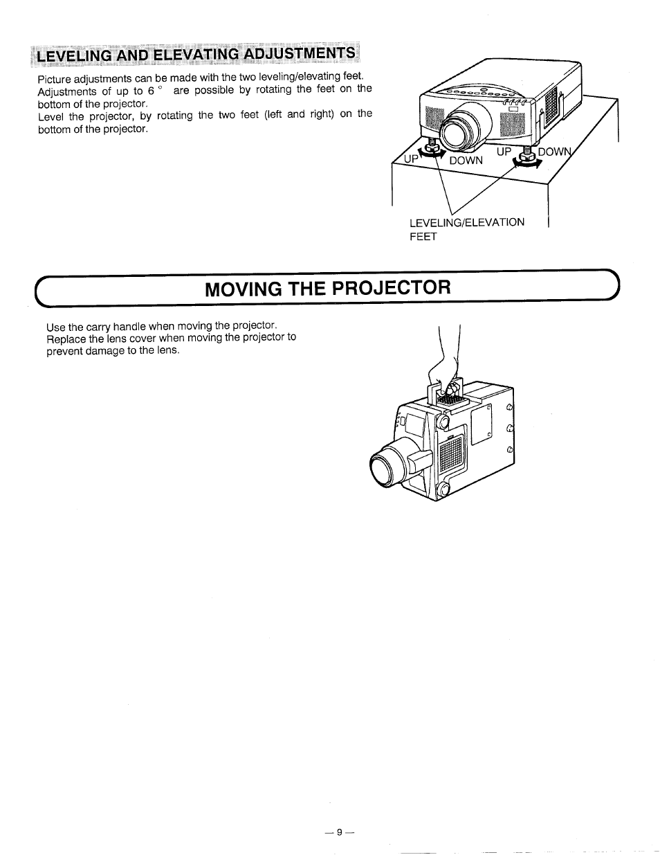 Leveling and elevating adjustments, Moving the projector | Ask Proxima DP5600 User Manual | Page 9 / 45