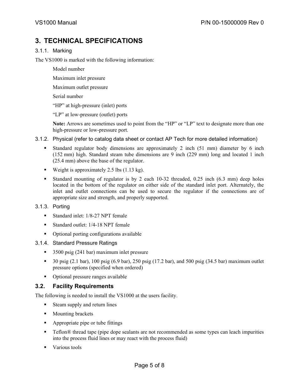 Technical specifications | APTech Series VS1000 User Manual | Page 5 / 8