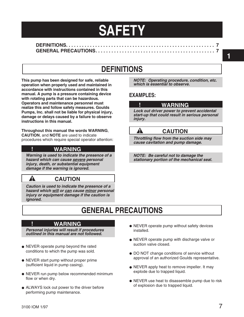 Safety, Definitions, General precautions | Goulds Pumps 3100 - IOM User Manual | Page 15 / 52