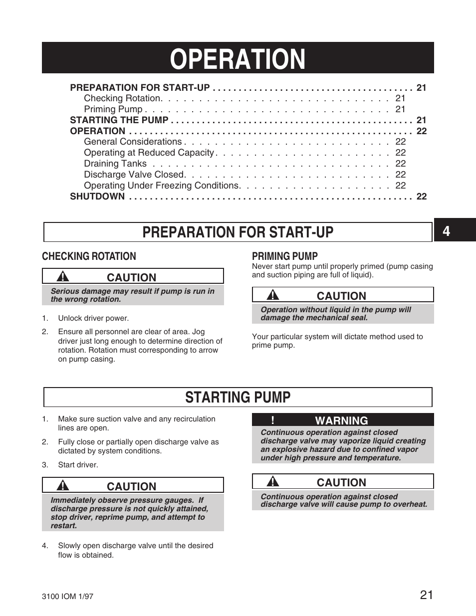 Operation, Preparation for start-up, Starting pump | Goulds Pumps 3100 - IOM User Manual | Page 29 / 52