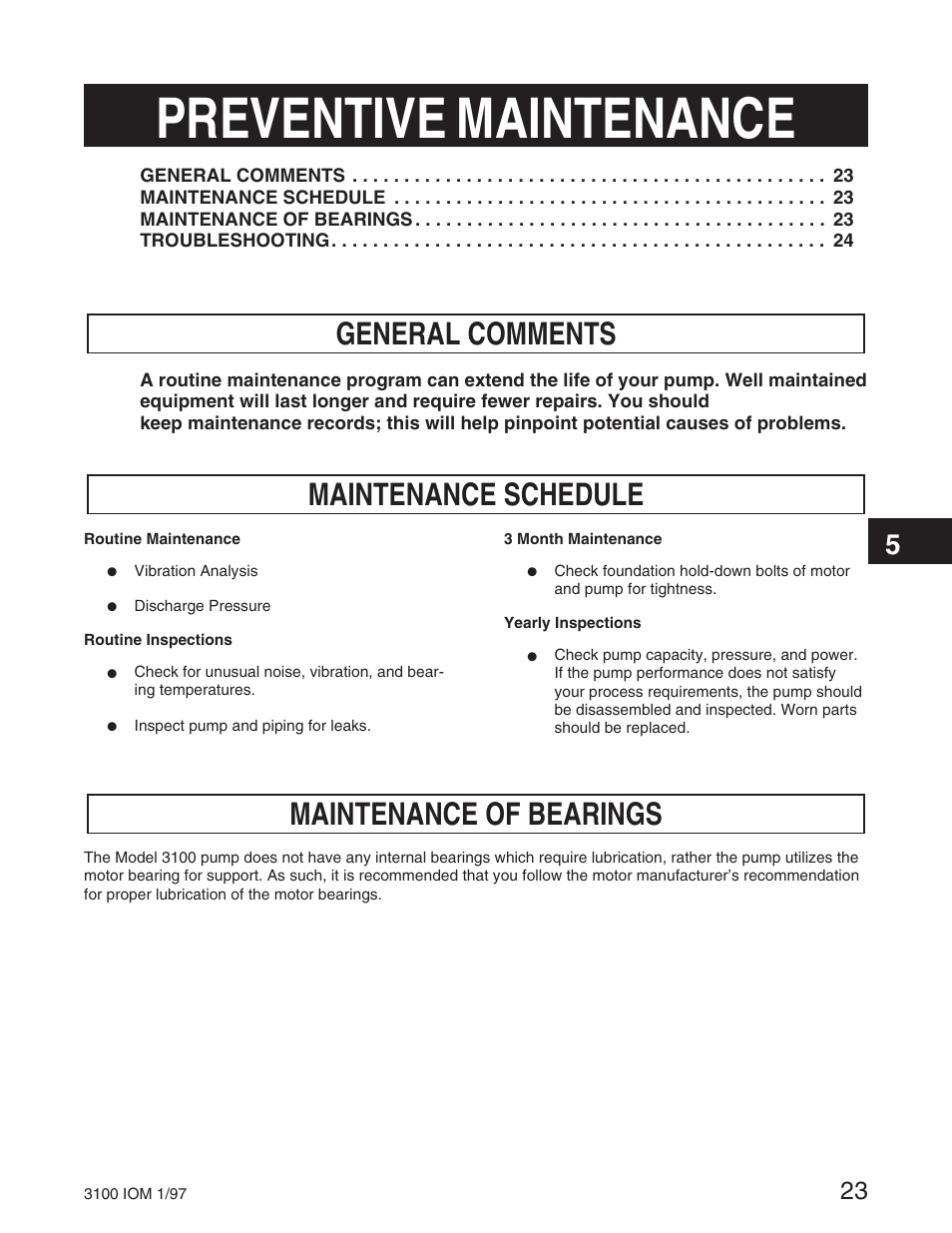 Preventive maintenance, General comments, Maintenance schedule | Maintenance of bearings | Goulds Pumps 3100 - IOM User Manual | Page 31 / 52