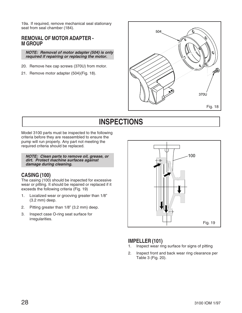 Inspections, Removal of motor adapter - m group, Casing (100) | Impeller (101) | Goulds Pumps 3100 - IOM User Manual | Page 36 / 52