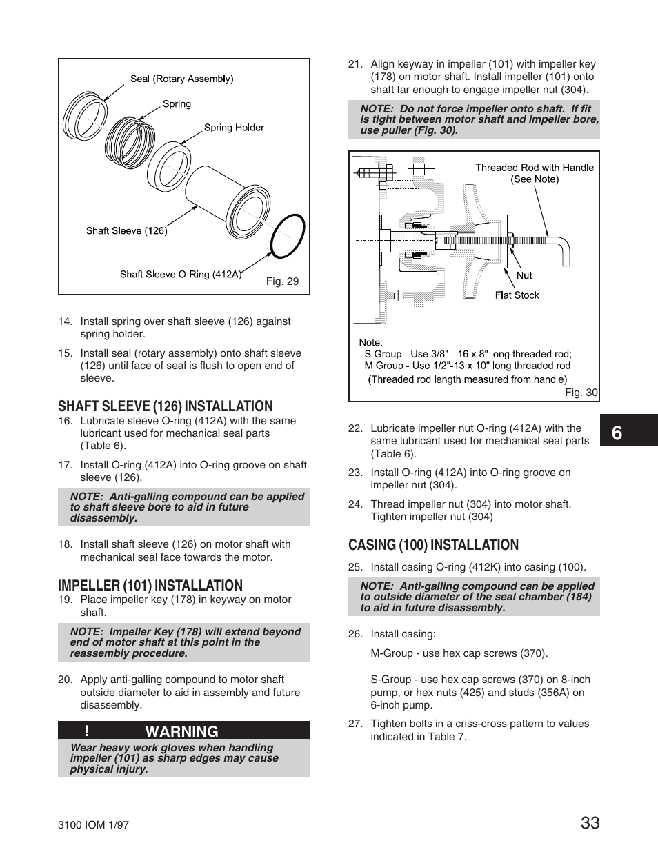 Shaft sleeve (126) installation, Impeller (101) installation, Warning | Casing (100) installation | Goulds Pumps 3100 - IOM User Manual | Page 41 / 52