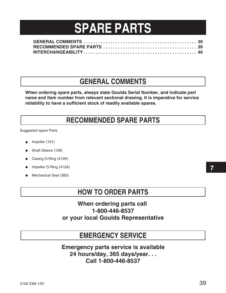 Spare parts, General comments, Recommended spare parts | How to order parts, Emergency service | Goulds Pumps 3100 - IOM User Manual | Page 47 / 52