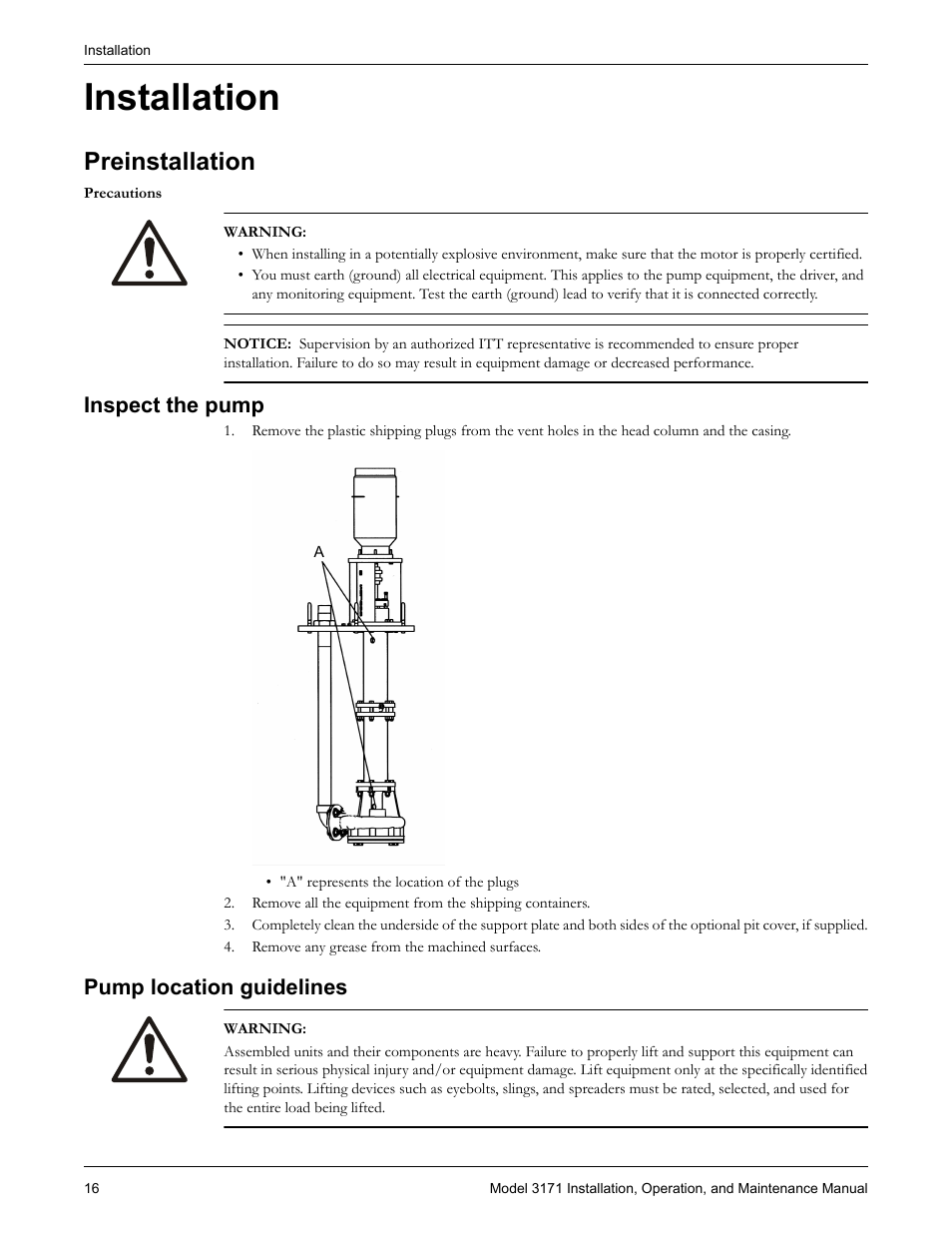 Installation, Preinstallation, Inspect the pump | Pump location guidelines, Inspect the pump pump location guidelines | Goulds Pumps 3171 - IOM User Manual | Page 18 / 60