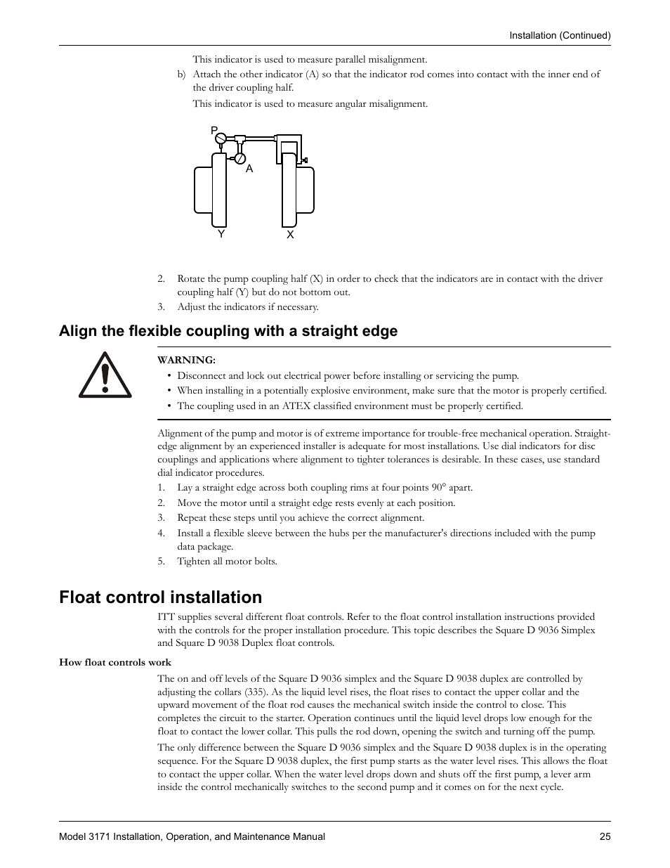 Align the flexible coupling with a straight edge, Float control installation | Goulds Pumps 3171 - IOM User Manual | Page 27 / 60