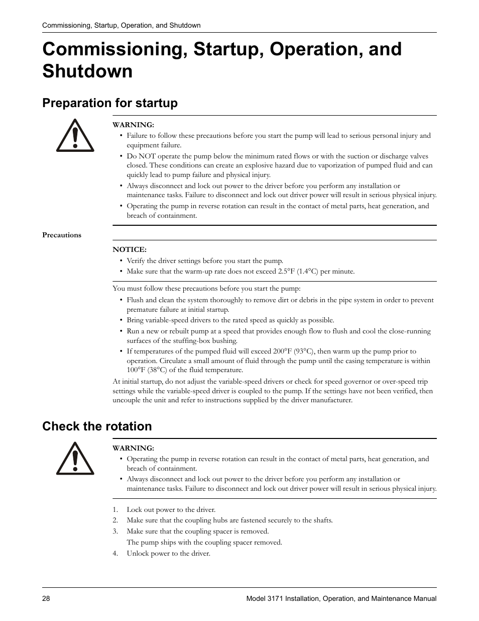 Commissioning, startup, operation, and shutdown, Preparation for startup, Check the rotation | Paration for startup | Goulds Pumps 3171 - IOM User Manual | Page 30 / 60