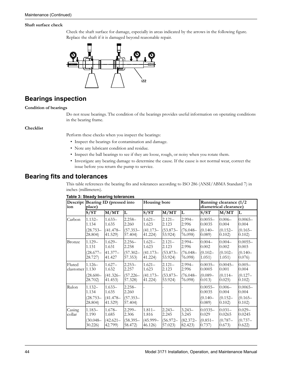 Bearings inspection, Bearing fits and tolerances, Bearings inspection bearing fits and tolerances | Goulds Pumps 3171 - IOM User Manual | Page 46 / 60