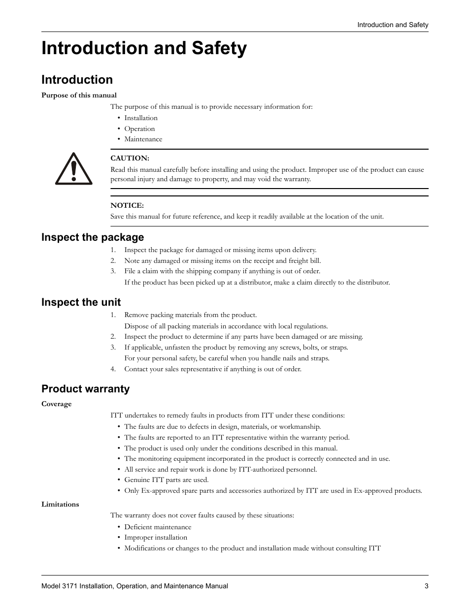 Introduction and safety, Introduction, Inspect the package | Inspect the unit, Product warranty | Goulds Pumps 3171 - IOM User Manual | Page 5 / 60