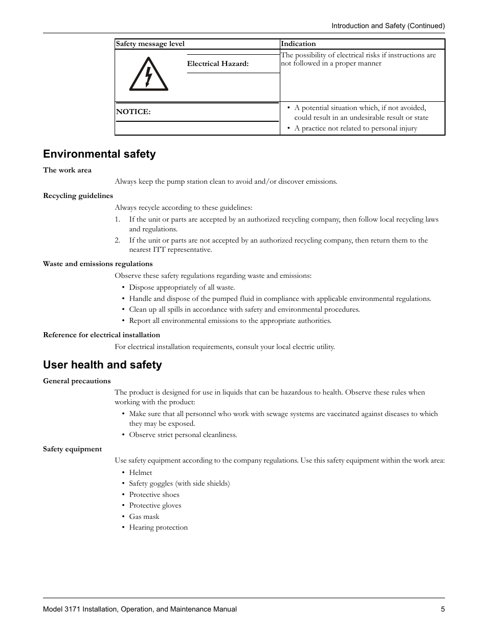 Environmental safety, User health and safety, Vironmental safety user health and safety | Goulds Pumps 3171 - IOM User Manual | Page 7 / 60