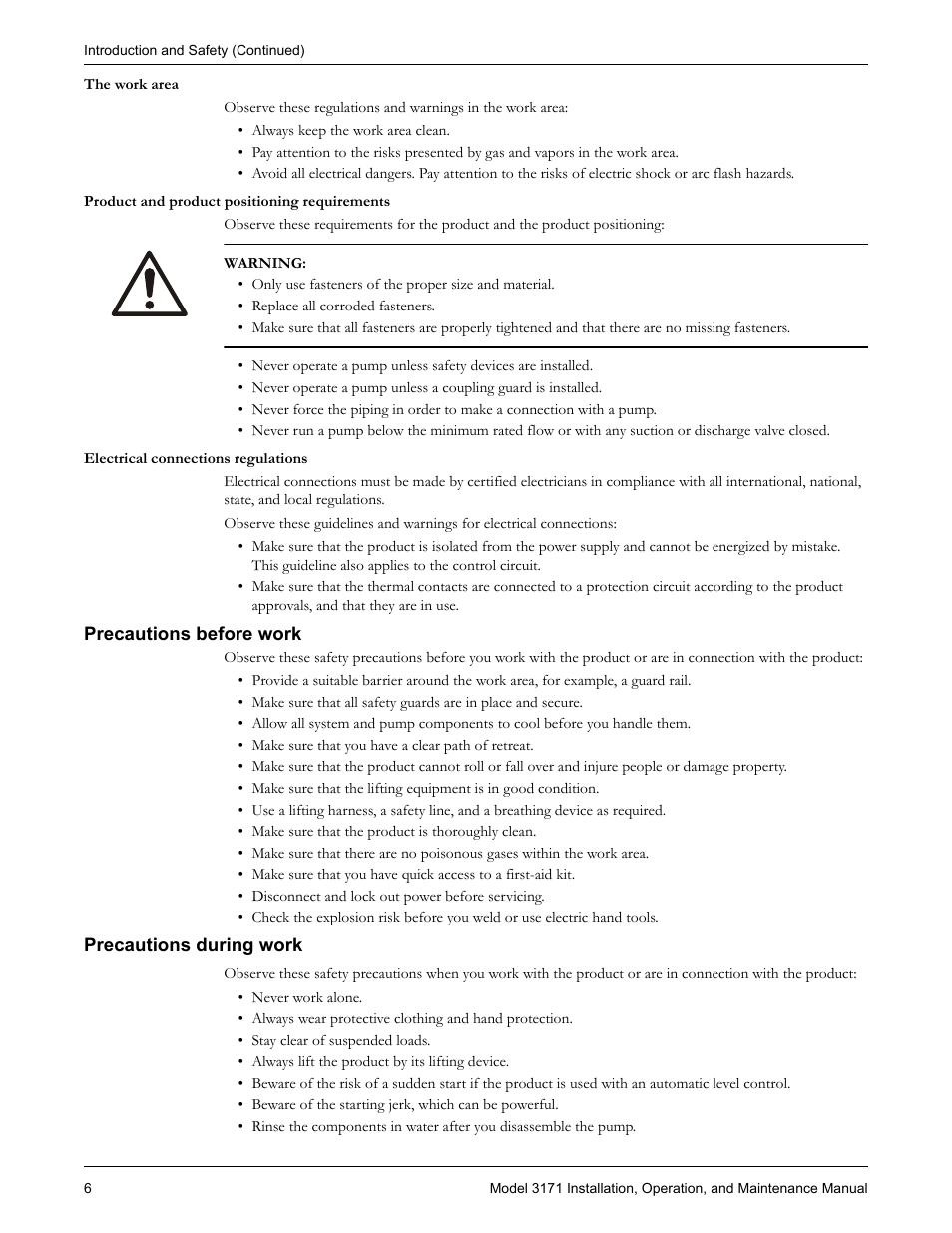 Precautions before work, Precautions during work | Goulds Pumps 3171 - IOM User Manual | Page 8 / 60
