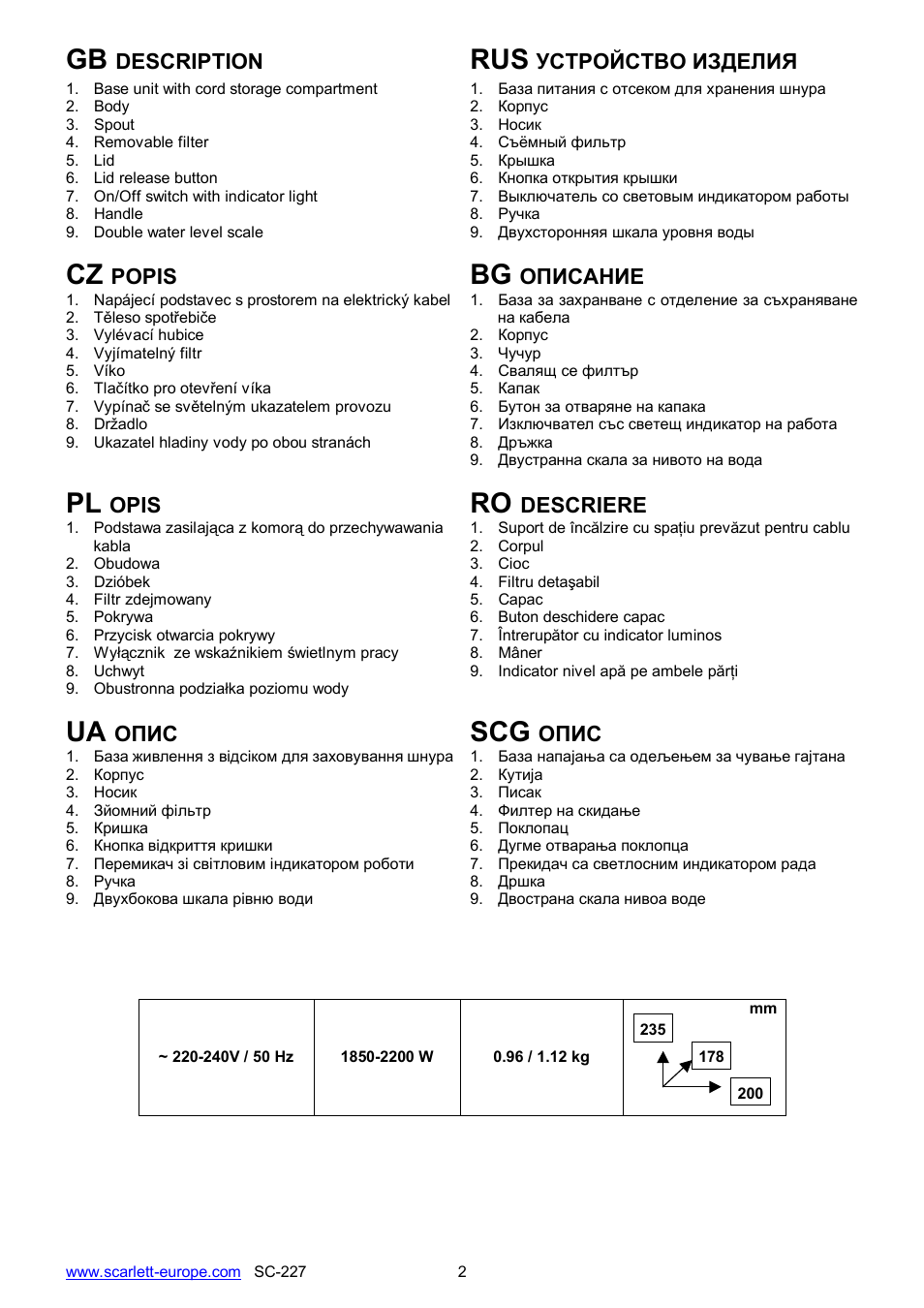 Ua scg | Scarlett SC-227 User Manual | Page 2 / 20