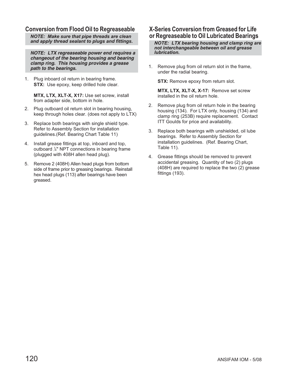 Conversion from flood oil to regreaseable | Goulds Pumps ANSI FAMILY IOM (ATEX Compliant) - IOM User Manual | Page 122 / 148