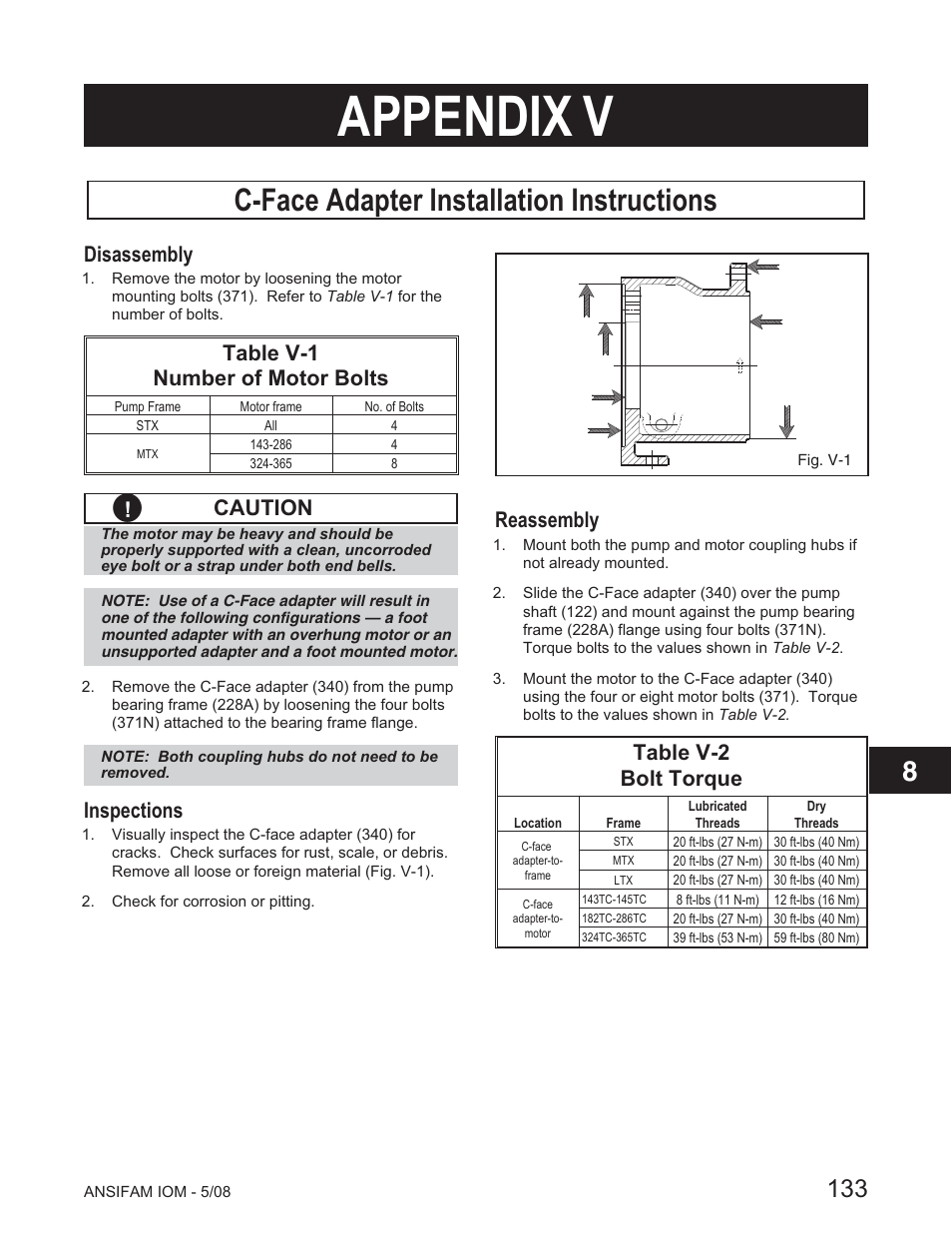 Appendix v, C-face adapter installation instructions, Disassembly | Table v-1 number of motor bolts, Caution, Inspections, Reassembly, Table v-2 bolt torque | Goulds Pumps ANSI FAMILY IOM (ATEX Compliant) - IOM User Manual | Page 135 / 148