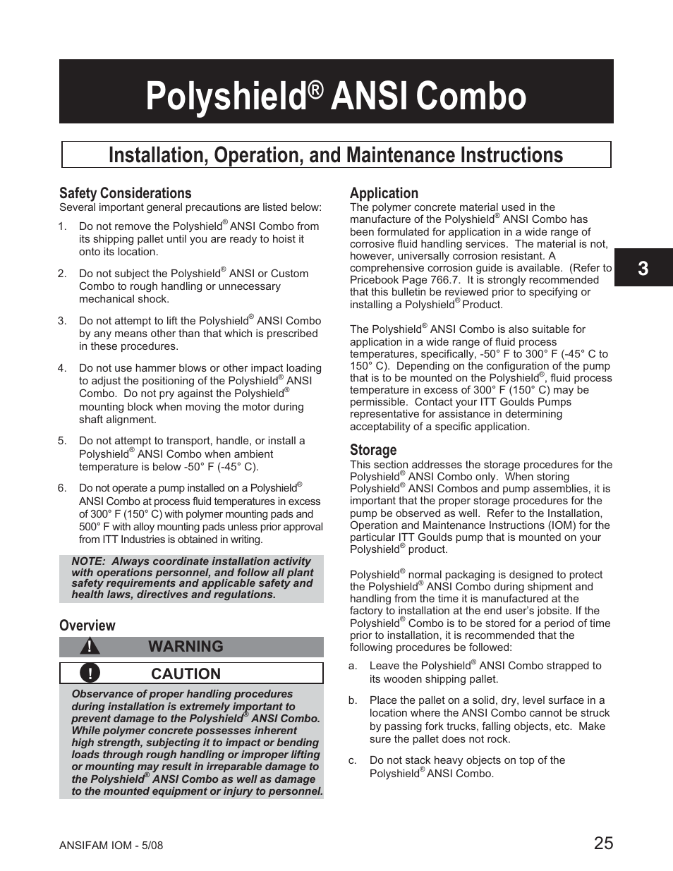 Polyshield, Ansi combo, Safety considerations | Overview, Warning, Caution, Application, Storage | Goulds Pumps ANSI FAMILY IOM (ATEX Compliant) - IOM User Manual | Page 27 / 148