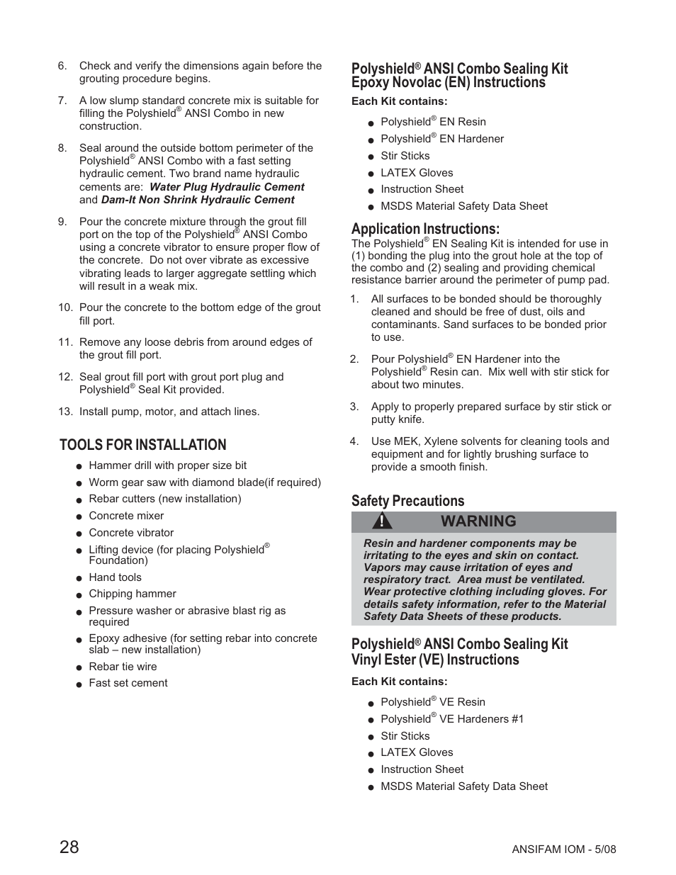 Tools for installation, Polyshield, Application instructions | Safety precautions, Warning | Goulds Pumps ANSI FAMILY IOM (ATEX Compliant) - IOM User Manual | Page 30 / 148