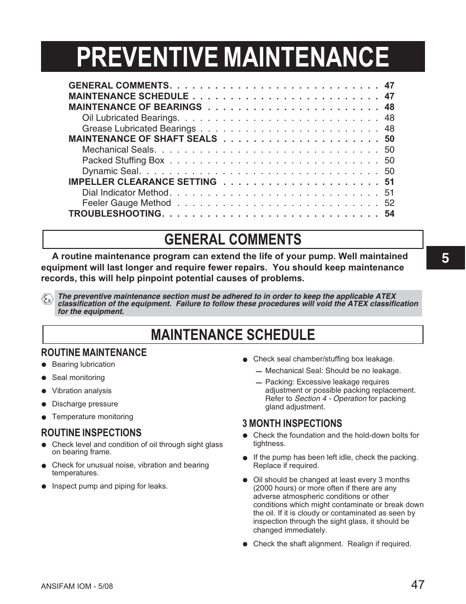 Preventive maintenance, General comments, Maintenance schedule | Goulds Pumps ANSI FAMILY IOM (ATEX Compliant) - IOM User Manual | Page 49 / 148