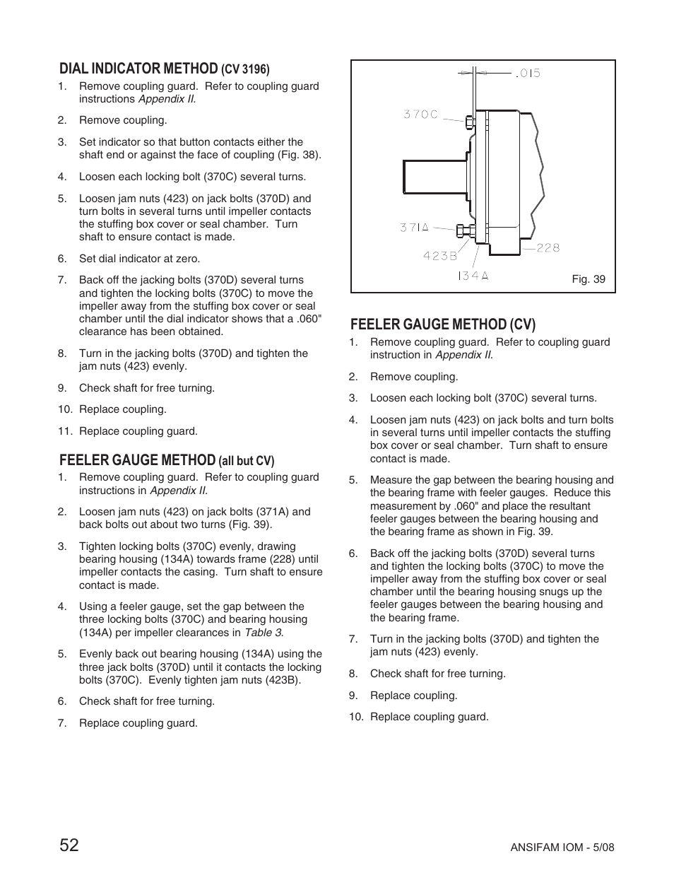 Dial indicator method, Feeler gauge method, Feeler gauge method (cv) | Goulds Pumps ANSI FAMILY IOM (ATEX Compliant) - IOM User Manual | Page 54 / 148