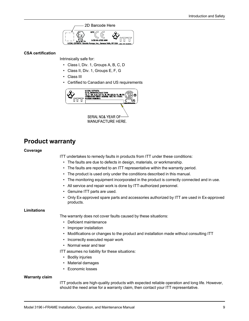 Product warranty | Goulds Pumps 3196 i-FRAME - IOM User Manual | Page 11 / 152