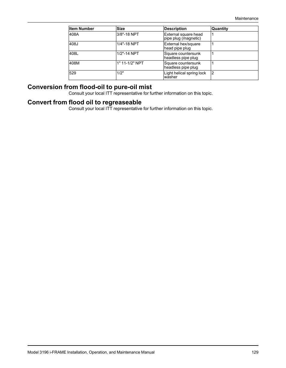 Conversion from flood-oil to pure-oil mist, Convert from flood oil to regreaseable | Goulds Pumps 3196 i-FRAME - IOM User Manual | Page 131 / 152