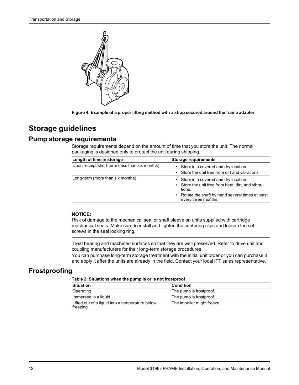 Storage guidelines, Pump storage requirements, Frostproofing | Pump storage requirements frostproofing | Goulds Pumps 3196 i-FRAME - IOM User Manual | Page 14 / 152