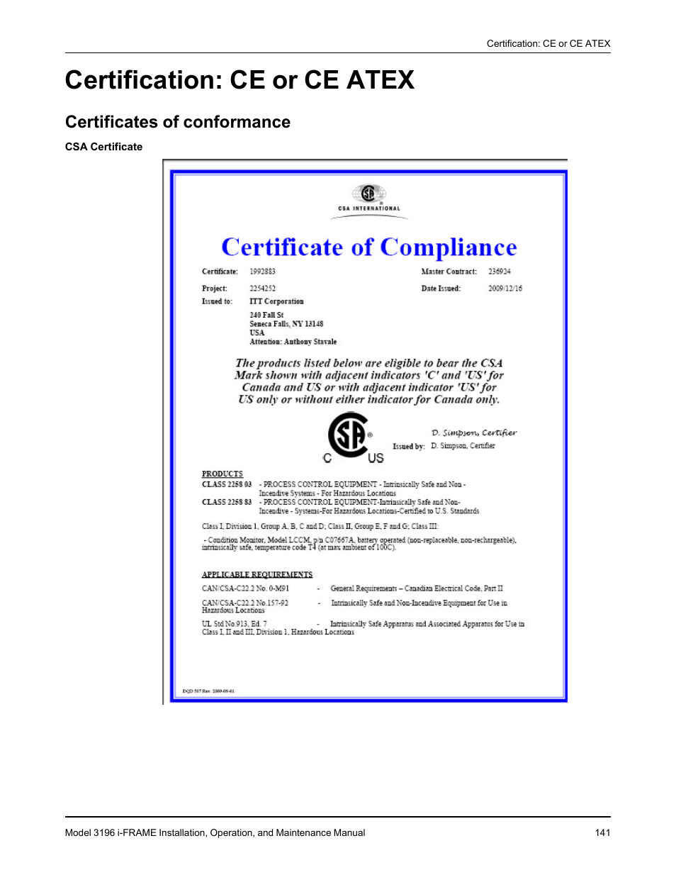 Certification: ce or ce atex, Certificates of conformance | Goulds Pumps 3196 i-FRAME - IOM User Manual | Page 143 / 152