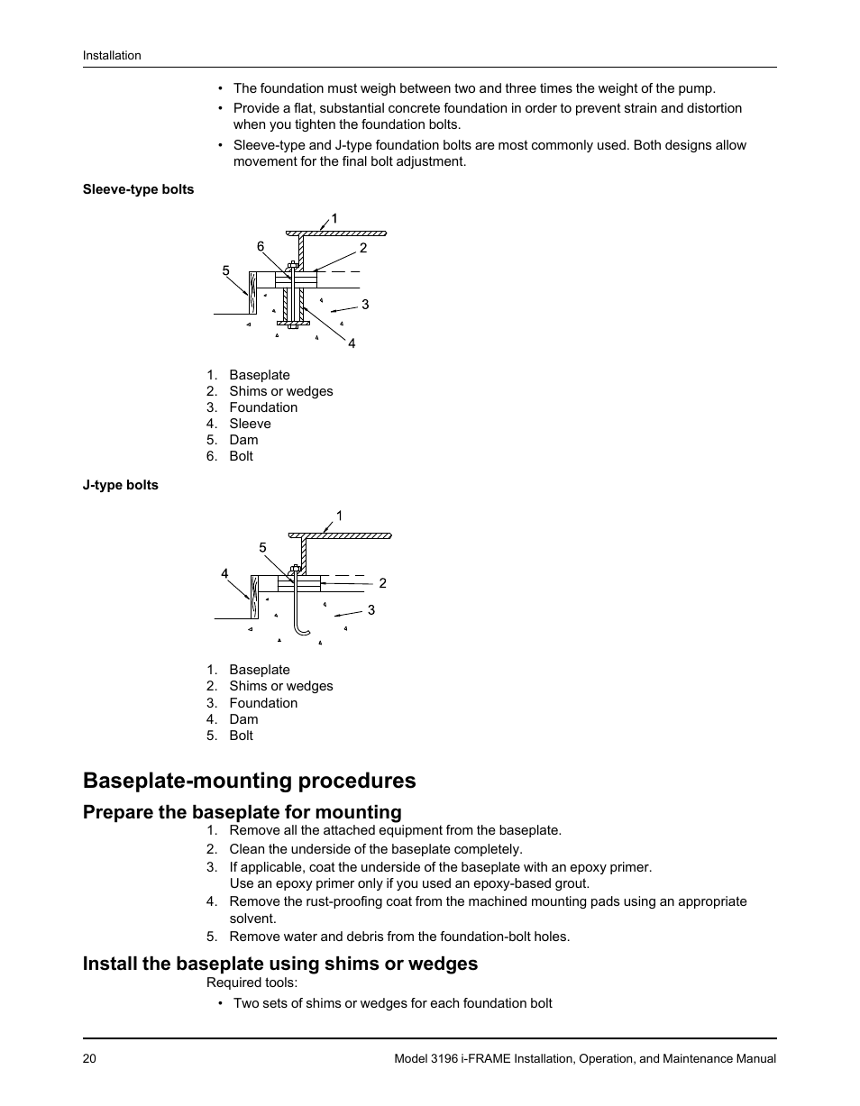 Baseplate-mounting procedures, Prepare the baseplate for mounting, Install the baseplate using shims or wedges | Goulds Pumps 3196 i-FRAME - IOM User Manual | Page 22 / 152