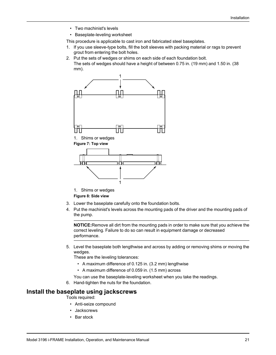 Install the baseplate using jackscrews | Goulds Pumps 3196 i-FRAME - IOM User Manual | Page 23 / 152