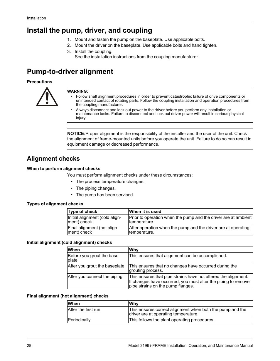 Install the pump, driver, and coupling, Pump-to-driver alignment, Alignment checks | Goulds Pumps 3196 i-FRAME - IOM User Manual | Page 30 / 152