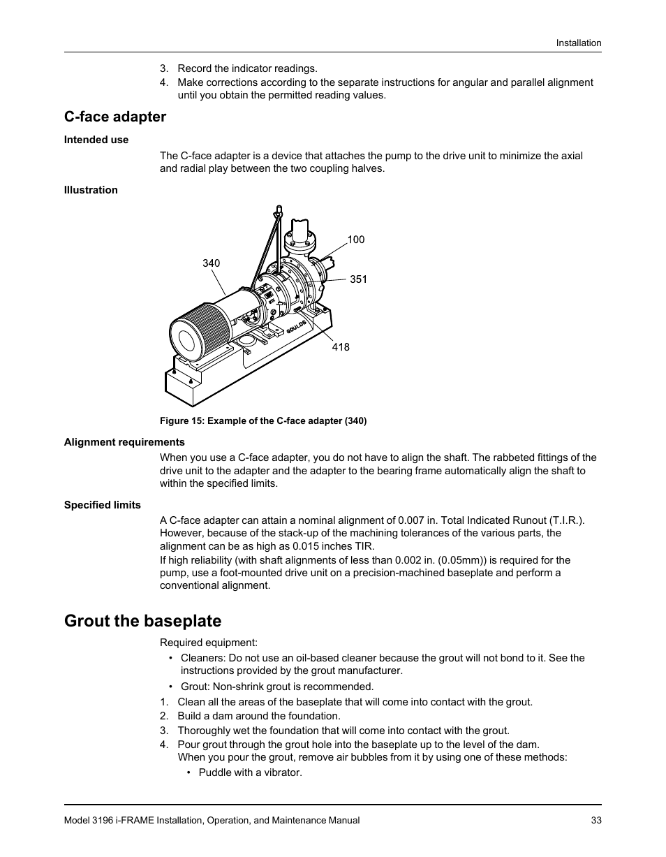 C-face adapter, Grout the baseplate | Goulds Pumps 3196 i-FRAME - IOM User Manual | Page 35 / 152