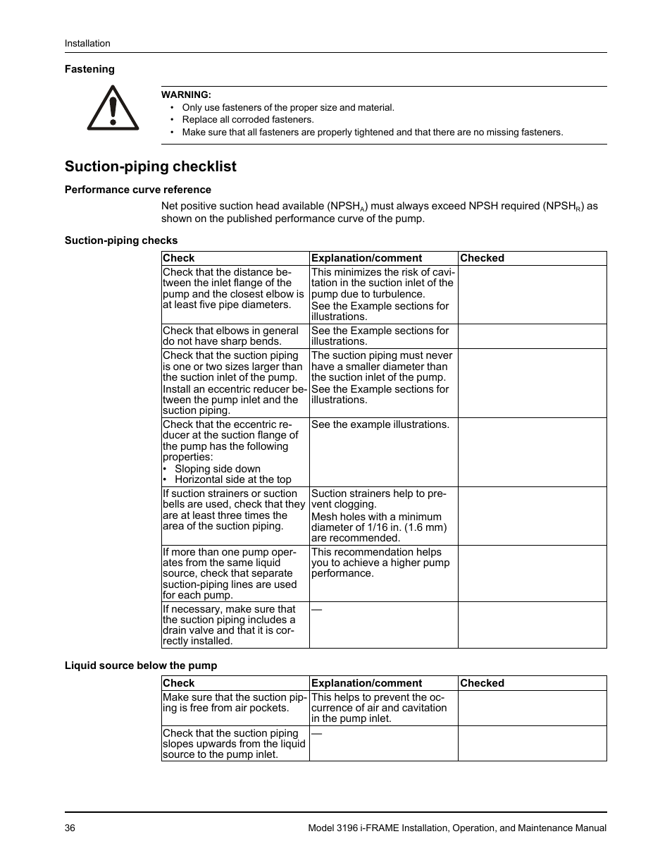Suction-piping checklist | Goulds Pumps 3196 i-FRAME - IOM User Manual | Page 38 / 152