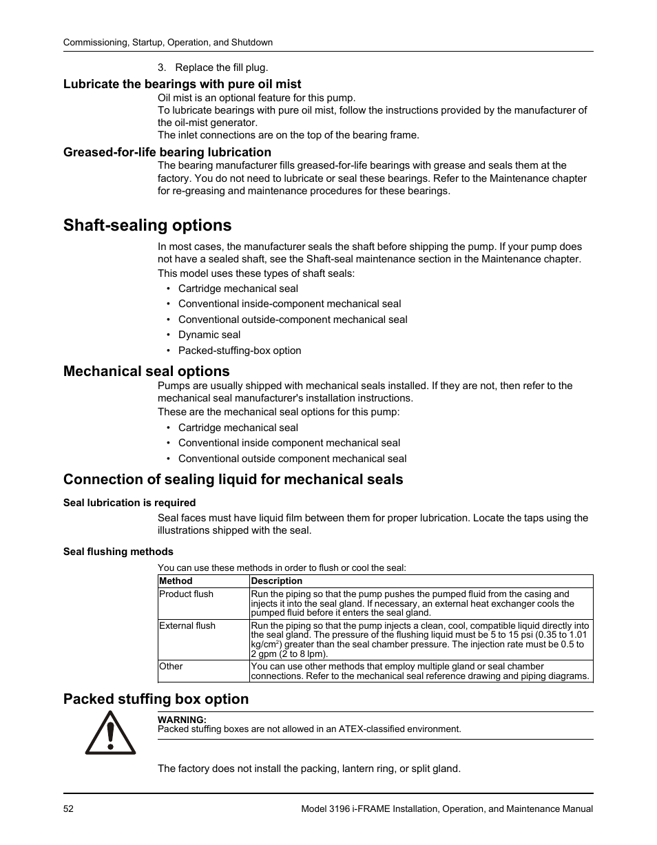 Lubricate the bearings with pure oil mist, Greased-for-life bearing lubrication, Shaft-sealing options | Mechanical seal options, Connection of sealing liquid for mechanical seals, Packed stuffing box option | Goulds Pumps 3196 i-FRAME - IOM User Manual | Page 54 / 152