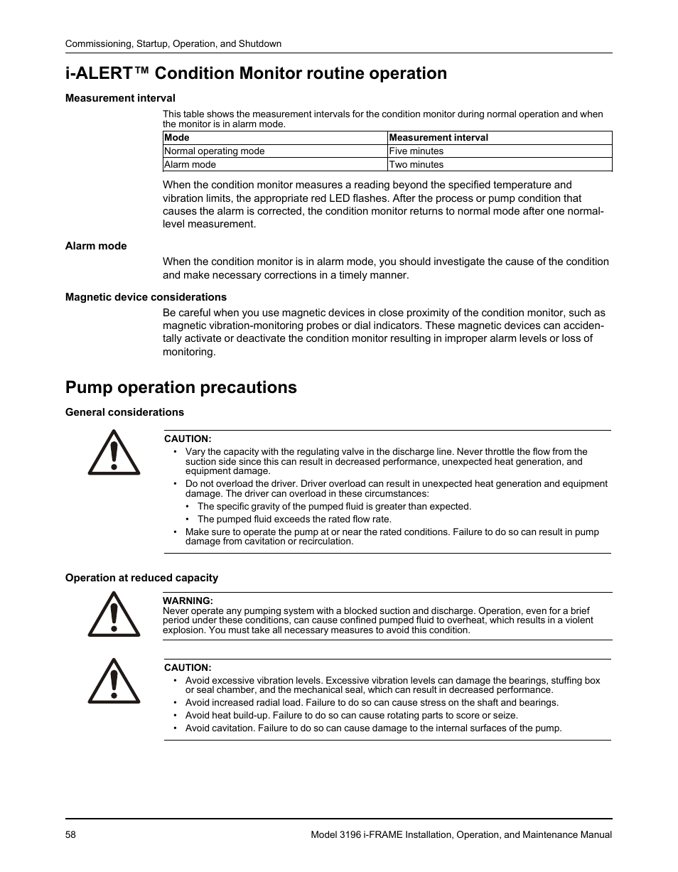 I-alert™ condition monitor routine operation, Pump operation precautions | Goulds Pumps 3196 i-FRAME - IOM User Manual | Page 60 / 152