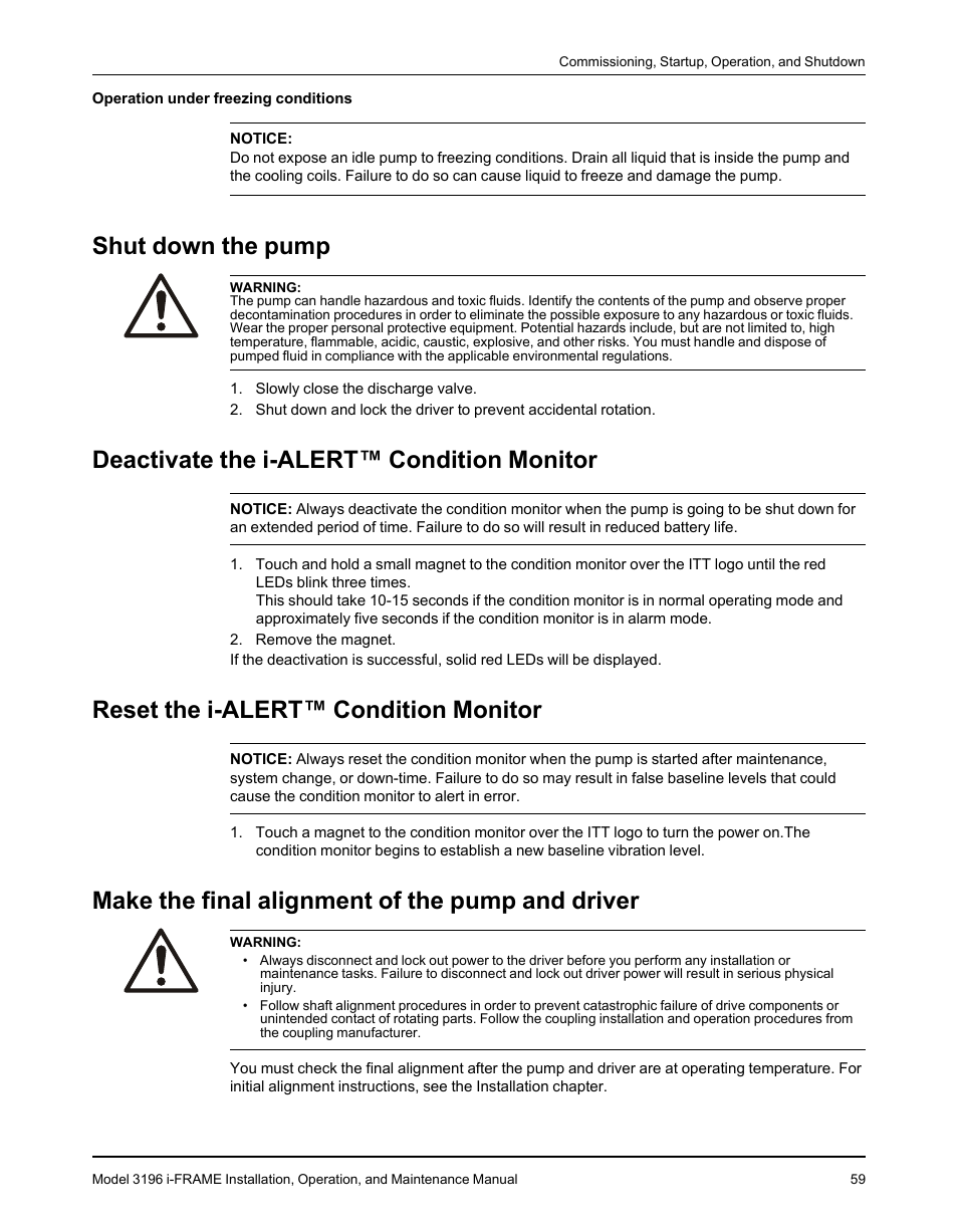 Shut down the pump, Deactivate the i-alert™ condition monitor, Reset the i-alert™ condition monitor | Make the final alignment of the pump and driver | Goulds Pumps 3196 i-FRAME - IOM User Manual | Page 61 / 152