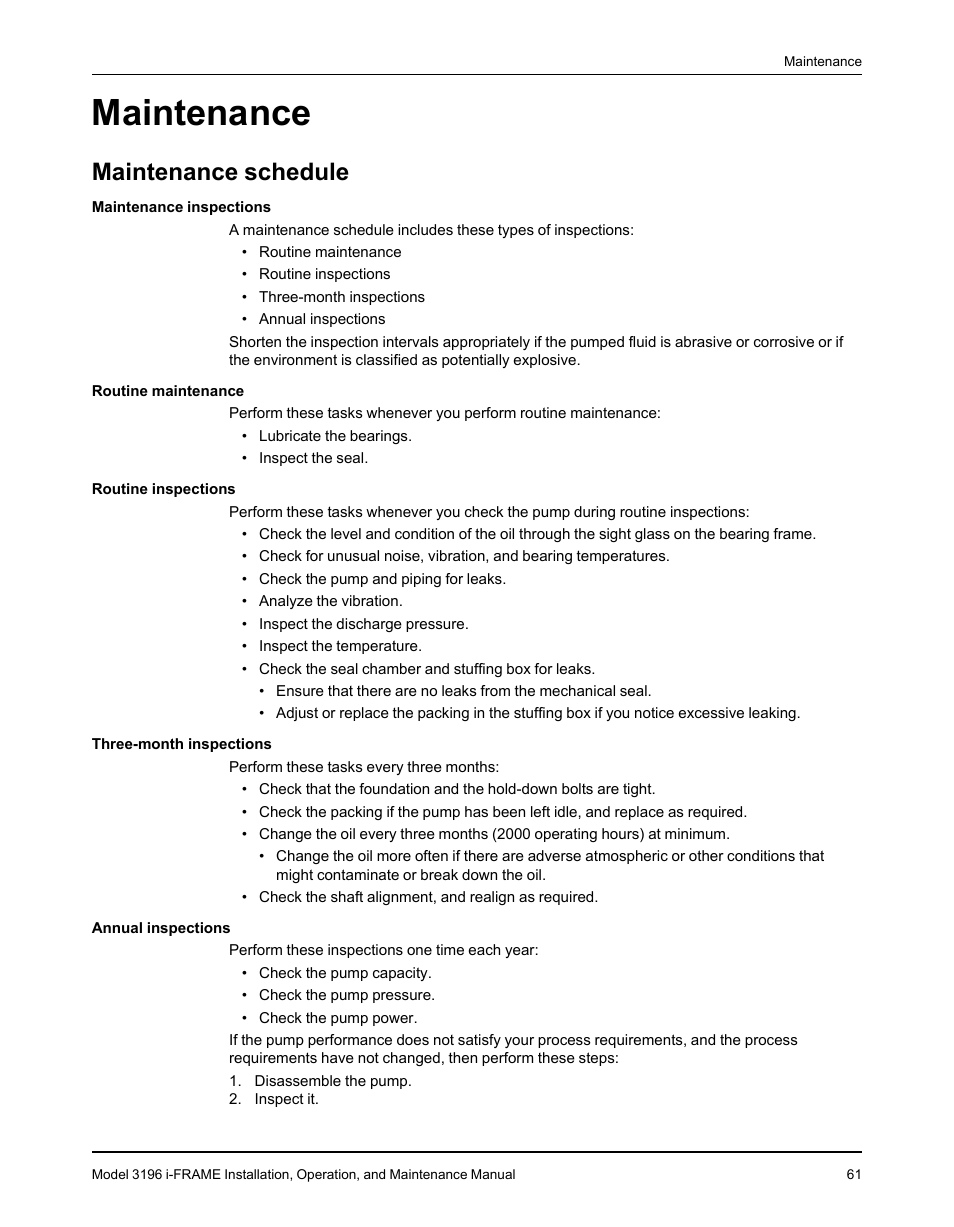 Maintenance, Maintenance schedule | Goulds Pumps 3196 i-FRAME - IOM User Manual | Page 63 / 152