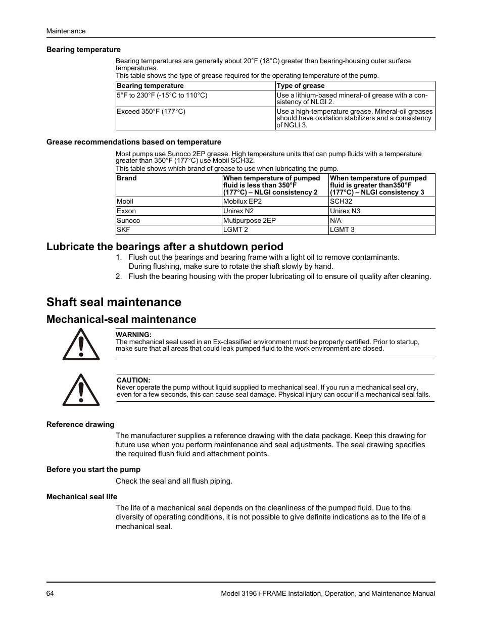 Lubricate the bearings after a shutdown period, Shaft seal maintenance, Mechanical-seal maintenance | Goulds Pumps 3196 i-FRAME - IOM User Manual | Page 66 / 152