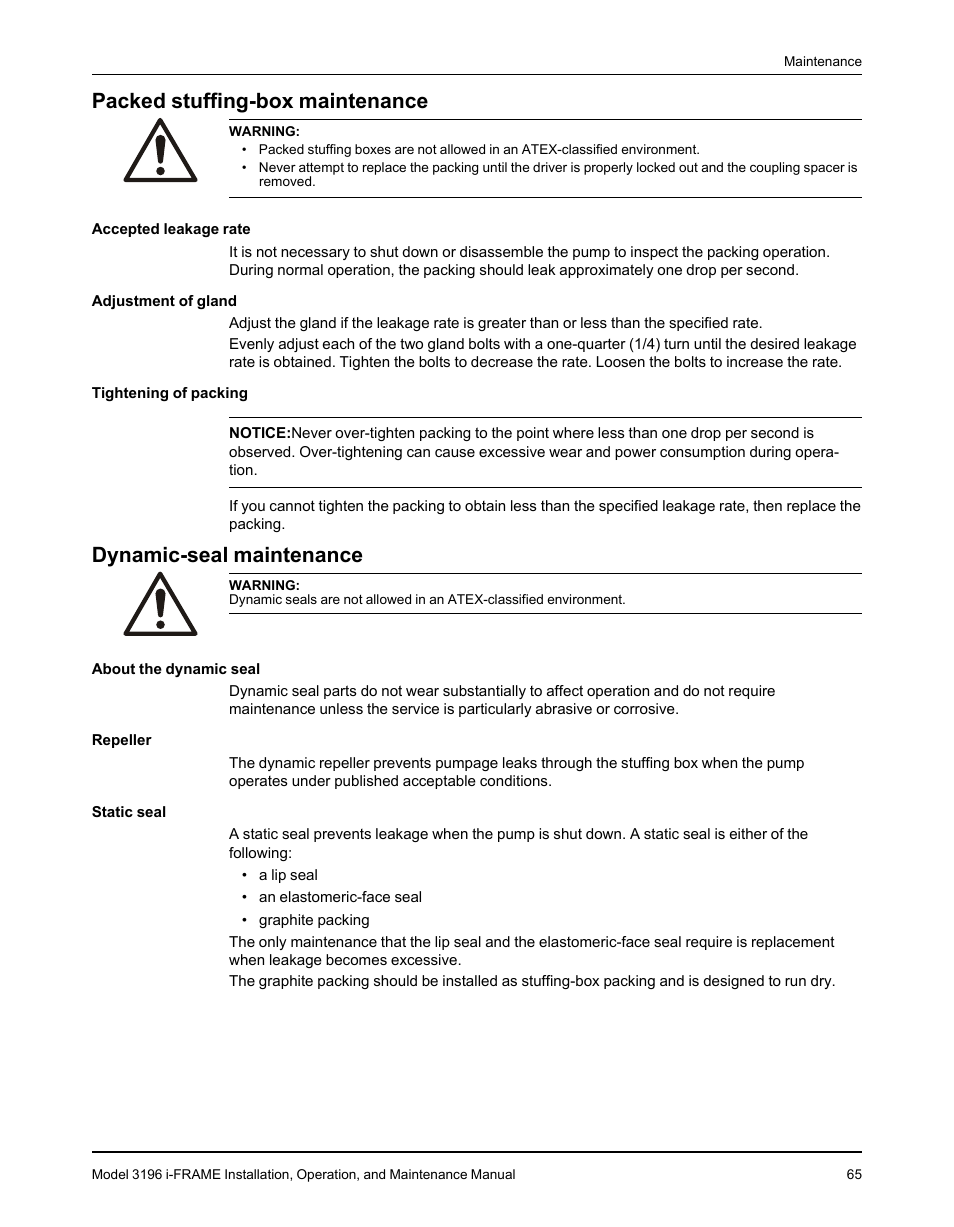 Packed stuffing-box maintenance, Dynamic-seal maintenance | Goulds Pumps 3196 i-FRAME - IOM User Manual | Page 67 / 152