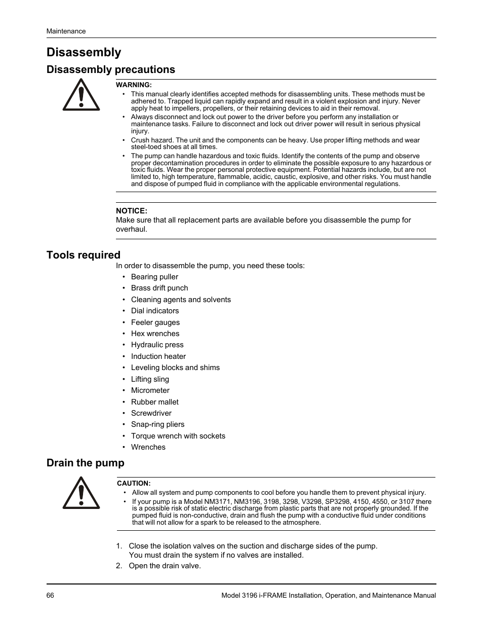 Disassembly, Disassembly precautions, Tools required | Drain the pump | Goulds Pumps 3196 i-FRAME - IOM User Manual | Page 68 / 152