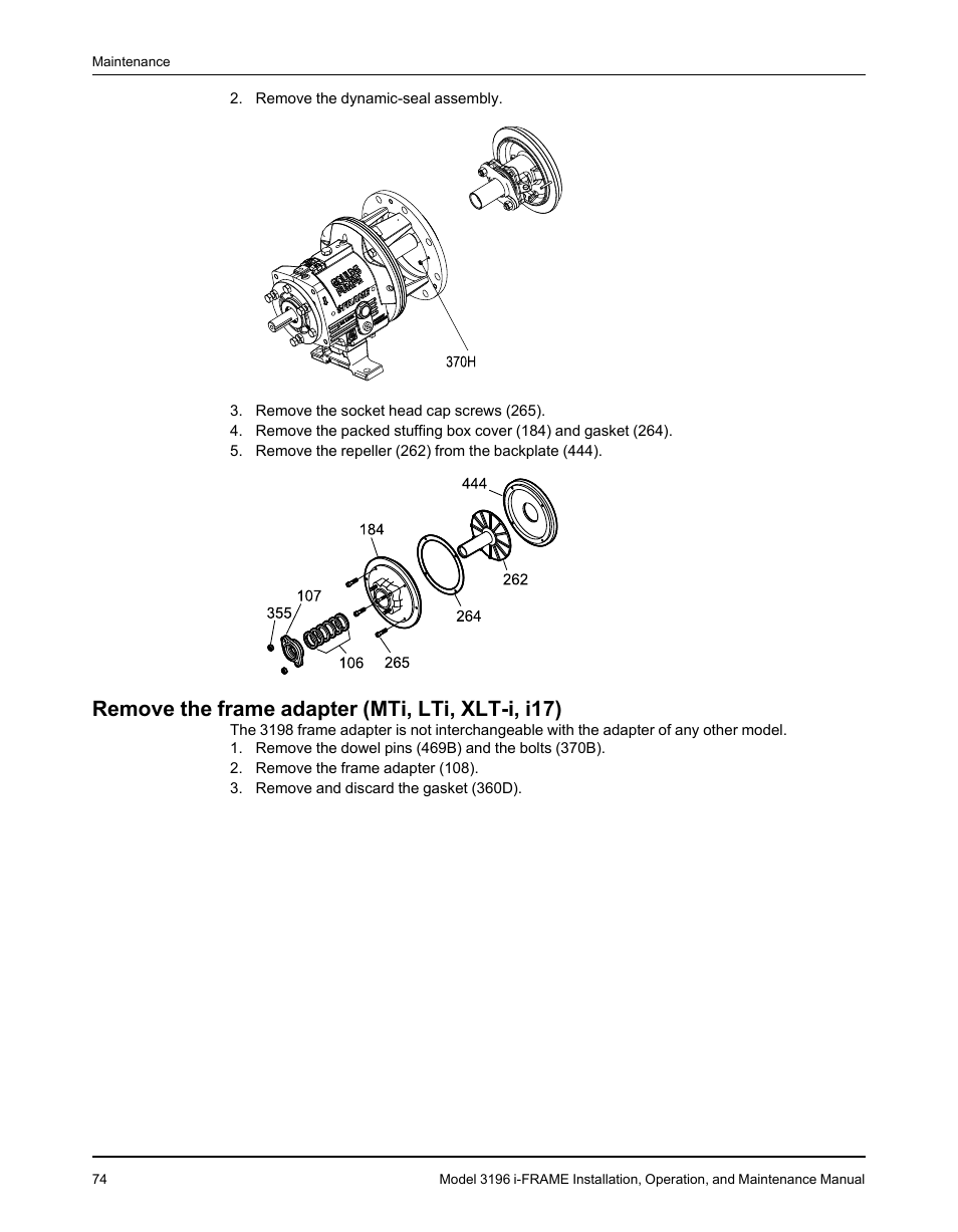 Remove the frame adapter (mti, lti, xlt-i, i17) | Goulds Pumps 3196 i-FRAME - IOM User Manual | Page 76 / 152
