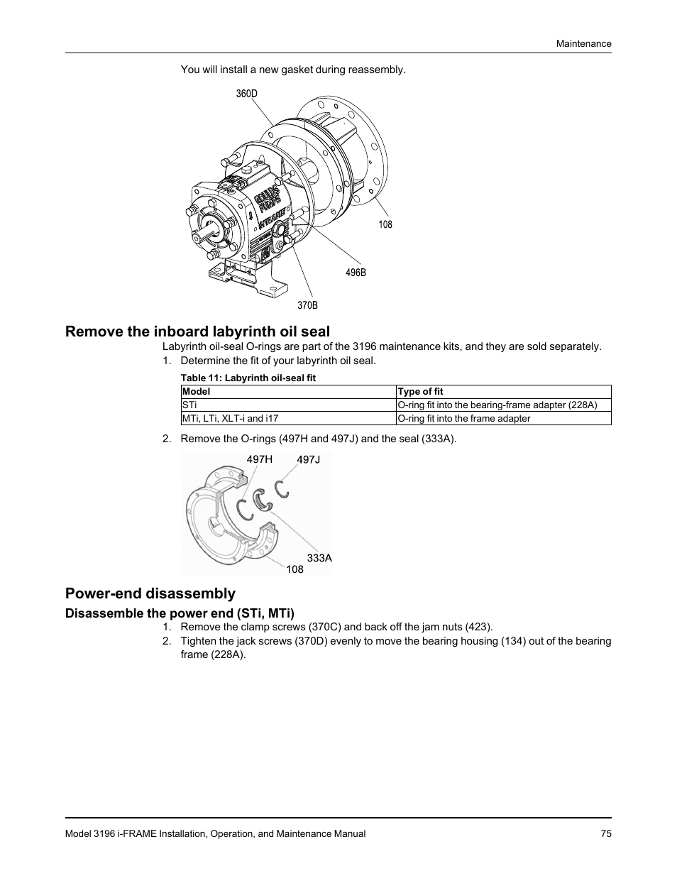 Remove the inboard labyrinth oil seal, Power-end disassembly, Disassemble the power end (sti, mti) | Goulds Pumps 3196 i-FRAME - IOM User Manual | Page 77 / 152